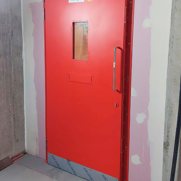 Close-up of fire door repair.